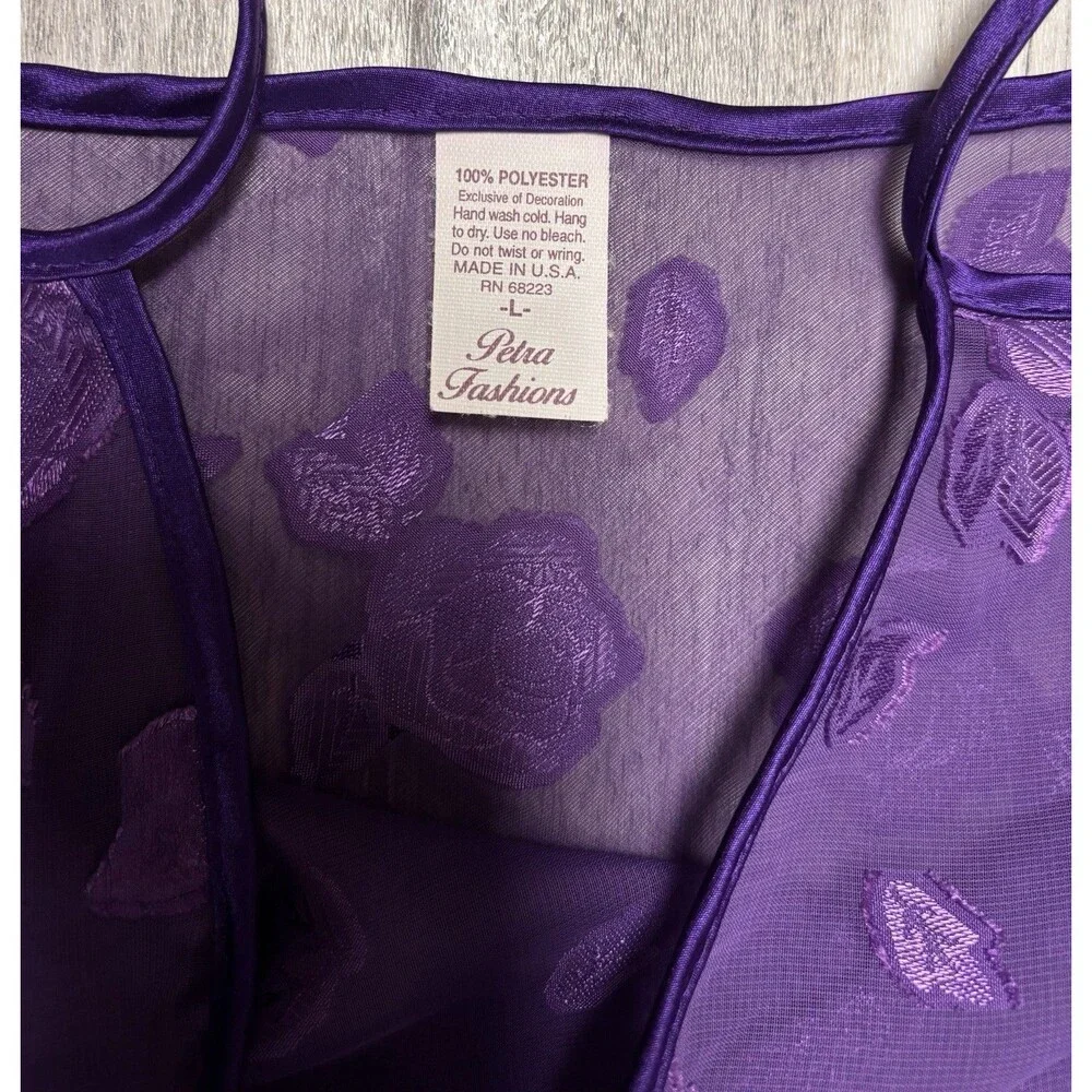 Vintage Y2K Sheer Purple Burnout Rose Mesh Slip Dress Babydoll Nightgown L